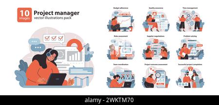 Project Manager set. Strategic planning and effective communication. Navigating budget and time constraints. Ensuring quality, assessing risks. Flat vector illustration. Stock Vector