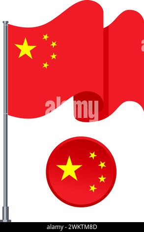 vector flag of China isolated on white background. Chinese national flag on flagpole. China flag button icon Stock Vector