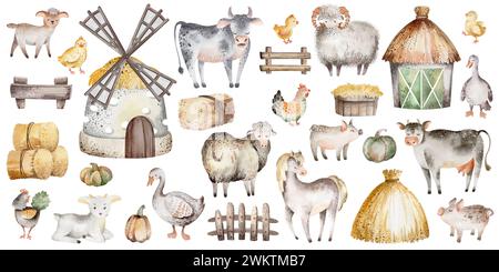 Watercolor set of farm animals. Illustration of a cute farmyard. Cartoon horse, cow and goose on an isolated background. Stock Photo