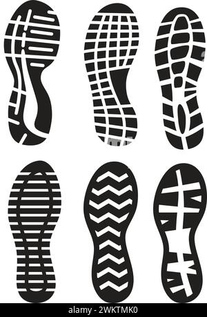 vector set of shoe prints. sneakers, boots, footwear prints. footsteps isolated on white background Stock Vector