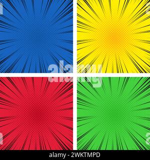 vector comic halftone background. manga anime speed action frame lines of explosion. cartoon exploding rays of lightning comic style Stock Vector