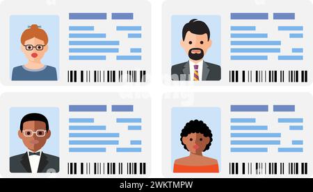 vector identification card with male and female photos isolated on white background. man and woman plastic ID cards, car driver licenses. flat style d Stock Vector