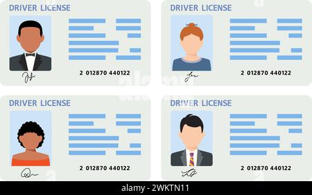 vector identification card with male and female photos isolated on white background. man and woman plastic ID cards, car driver licenses. flat style d Stock Vector
