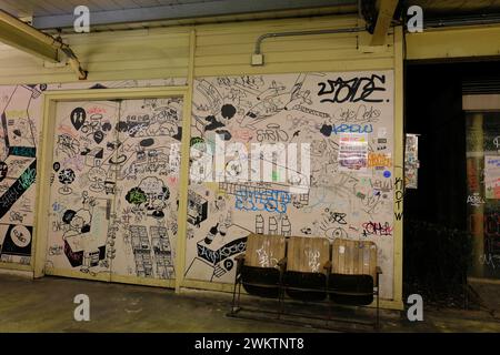 Wall with graffiti at the public restroom entrance at Maji Square near Yuanshan Park and the Taipei Expo Park in Taipei, Taiwan; urban scene, decay. Stock Photo