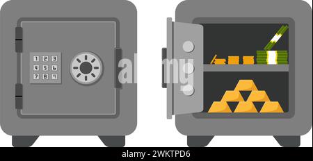 vector safe bank box. closed and opened safe bank box with money and gold inside. security metal safe, flat style. armored vault Stock Vector