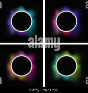 vector set of colorful neon round frames. neon circles on black background. abstract glowing neon lights. futuristic style. eps10 Stock Vector