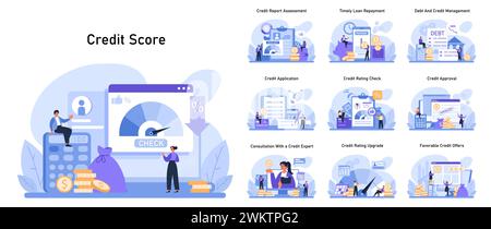 Credit Score Concept. Comprehensive financial health analysis through credit report assessment, timely loan repayment, and effective debt management strategies. Flat vector illustration Stock Vector