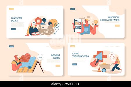 Construction work web or landing set. Web banners display landscape design, electrical work, roofing, and foundation laying with detailed craft. Flat vector illustration Stock Vector