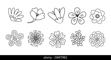 Set of different flowers heads, spring design, doodle style flat vector outline illustration for kids coloring book Stock Vector