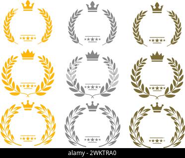 vector logo design with crown and laurel wreath. star ranking and award icons. gold, silver and bronze awards Stock Vector