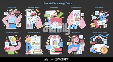 Fintech Trends set. Showcases modern financial services. Mobile banking, contactless payments, and investment apps. E-commerce and crowdfunding. Flat vector illustration. Stock Vector