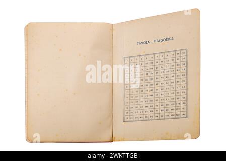 Pythagorean table printed on antique notebook with pages that have yellowed with time, isolated on white with clipping  path Stock Photo