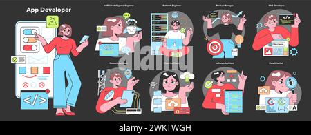 Engaging vector illustration showcasing IT specialists like app developers and data scientists, with a focus on digital innovation and cutting-edge technology. Stock Vector