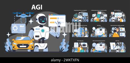 AGI night or dark mode set. Futuristic AI integration in daily life, healthcare, and education. Robotic advancements transforming human interaction and abilities. Flat vector illustration. Stock Vector