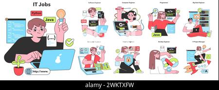 Illustration of IT professionals in action, highlighting roles like software engineer and security expert, captures the dynamic essence of the tech industry. Stock Vector