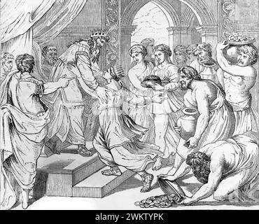 Illustration of The Visit of the Queen of Sheba to King Solomon and She Came to Jerusalem Spices, Gold and Precious stones From Antique 19th Century I Stock Photo