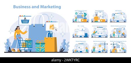 Business and Marketing set. E-commerce solutions and digital strategies. Engaging online shopping, effective SEO, and web services. Flat vector illustration. Stock Vector