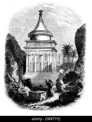 Illustration of Absalom's Tomb (Son of David) at Valley of Jehoshaphat in Antique 19th Century Illustrated Family Bible Stock Photo