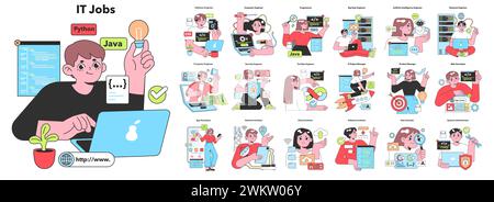 A colorful array of diverse characters represent various IT professions, from Python programmers to network engineers, showcasing the vibrant world of technology careers. Stock Vector