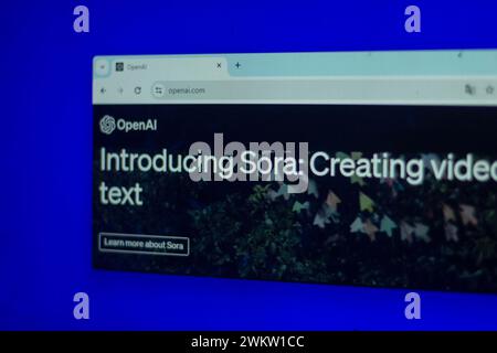corner view of website from OpenAI computer Description of Sora text-to-video AI model, selective pixel blue screen Stock Photo
