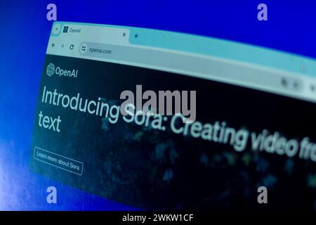 website view Sora text-to-video AI model description on OpenAI computer windows blue background Stock Photo