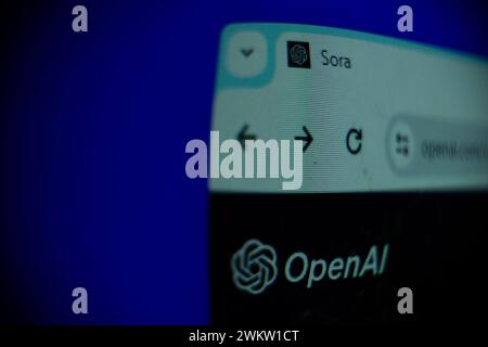 OpenAI distortion website view Sora text-to-video AI model description on computer windows blue background Stock Photo