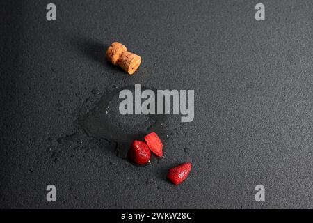 spilled wine with cork and strawberries on black background, side view. Stock Photo