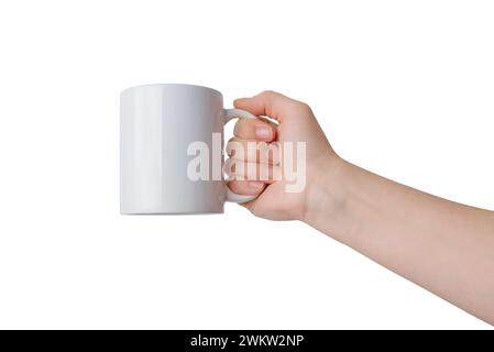 Hand holding a clean white mug isolated. For Print-on-Demand design promotion. Perfect for showcasing custom designs and personalized creations Stock Photo