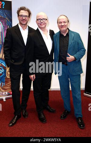 Andreas Fröhlich („Bob Andrews“), Oliver Rohrbeck („Justus Jonas“), Jens Wawrczeck („Peter Shaw“) attends Press conference 40 years Die drei ??? Stock Photo