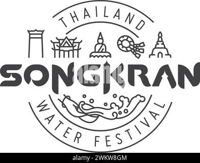 Songkran thailand water festival logotype and lettering design with linear icon of thai symbolic in round ornament for badge, decoration, logo, etc Stock Vector