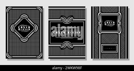 Vector Book Cover Set, collection of 3 isolated illustrations of different black vintage covers with abstract checked pattern, various brochure covers Stock Vector