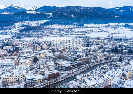 Aerial view of Brunico (Bruneck), South Tyrol, Italy in the winter. Stock Photo