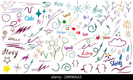 A set of various handwritten doodles in the form of underscores, arrows, brackets, symbols, and signs, on a white background. Stock Vector