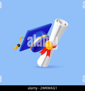 3d diploma scroll with graduation cap. Stock Vector