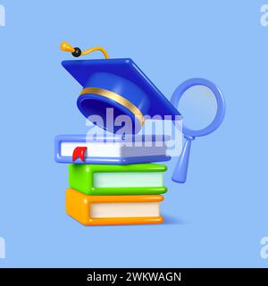 3d books with graduation cap and magnifier. Stock Vector
