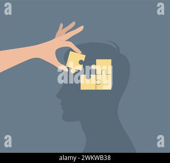 A hand placing the last piece of a puzzle into a man's head. The concept of psychological help and support. Flat vector illustration Stock Vector