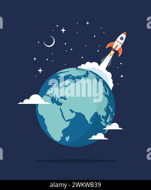 Space rocket launch from Earth globe into space, flat vector illustration Stock Vector