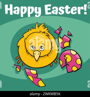 Cartoon illustration of Easter Chick hatched from Easter egg greeting card design Stock Vector