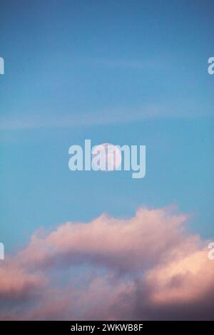 Full bright moon before sunset over the clouds. With vibrant blue sky. Grainy look. Stock Photo