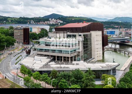 BILBAO, SPAIN - JUNE 14, 2023: Aerial view of the Euskalduna Conference Centre and Concert Hall by the river Nervion in Bilbao, Spain. Stock Photo