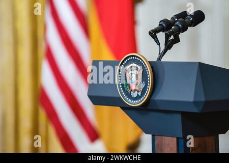 Washington DC, USA - February 7 2022: A close-up side view of the empty presidential podium with mic from with the president gives a speech Stock Photo