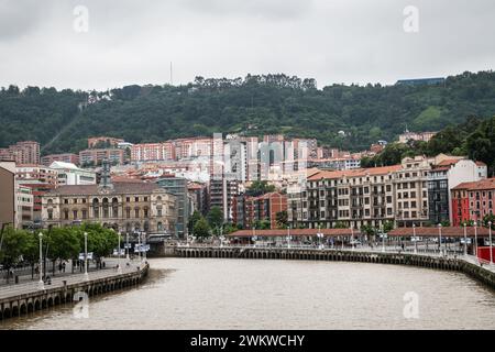 BILBAO, SPAIN - JUNE 14, 2023: Wide-angle view of the bank of the Nervion river in Bilbao, Spain. Stock Photo