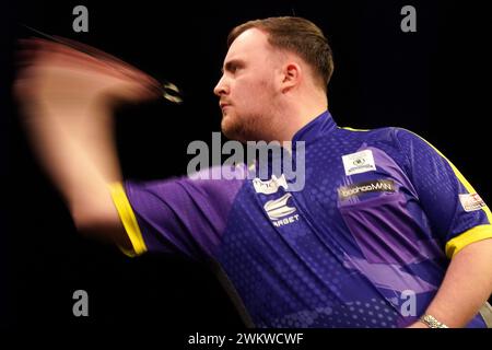 Luke Littler in action in the final against Gerwyn Price during night six of the BetMGM Premier