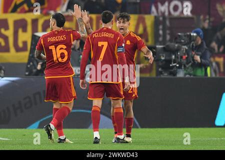 Stadio Olimpico, Rome, Italy. 22nd Feb, 2024. Europa League, Knockout Round play-off, Second Leg Football; Roma versus Feyenoord; Lorenzo Pellegrini of AS Roma celebrates scoring his goal for 1-1 in the 15th minute Credit: Action Plus Sports/Alamy Live News Stock Photo