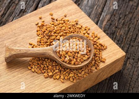 Methi Dana - Dried organic fenugreek seeds in the wooden spoon Stock Photo