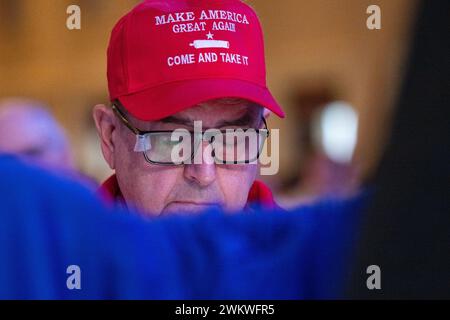 Oxon Hill, United States. 22nd Feb, 2024. Hat worn by an attendee at the 2024 Conservative Political Action Conference (CPAC) in National Harbor, Maryland, US, on Thursday, February 22, 2024. Credit: Ron Sachs /CNP/Sipa USA Credit: Sipa USA/Alamy Live News Stock Photo