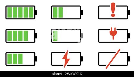 Set of vector battery charging icons. Battery level symbols. Battery level indicator. Fast charge icon. Stock Vector