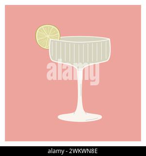 Gimlet Classic Cocktail garnish with lime slice. Classic alcoholic beverage. Summer aperitif. Minimalist alcoholic drink in trendy champagne glass Stock Vector