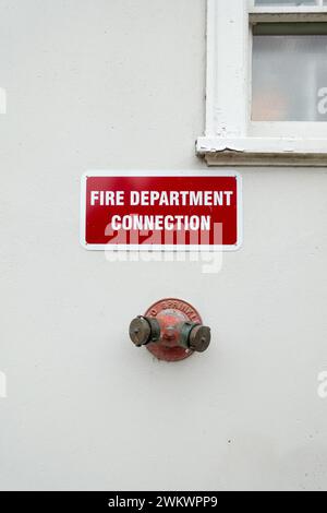 Dual hose connection nipples for fire department use on the side of a historic building in Toronto Ontario Canada Stock Photo