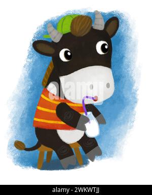 cartoon scene with happy farmer ranch cow bull sitting in dungarees and drinking milk illustration for kids Stock Photo